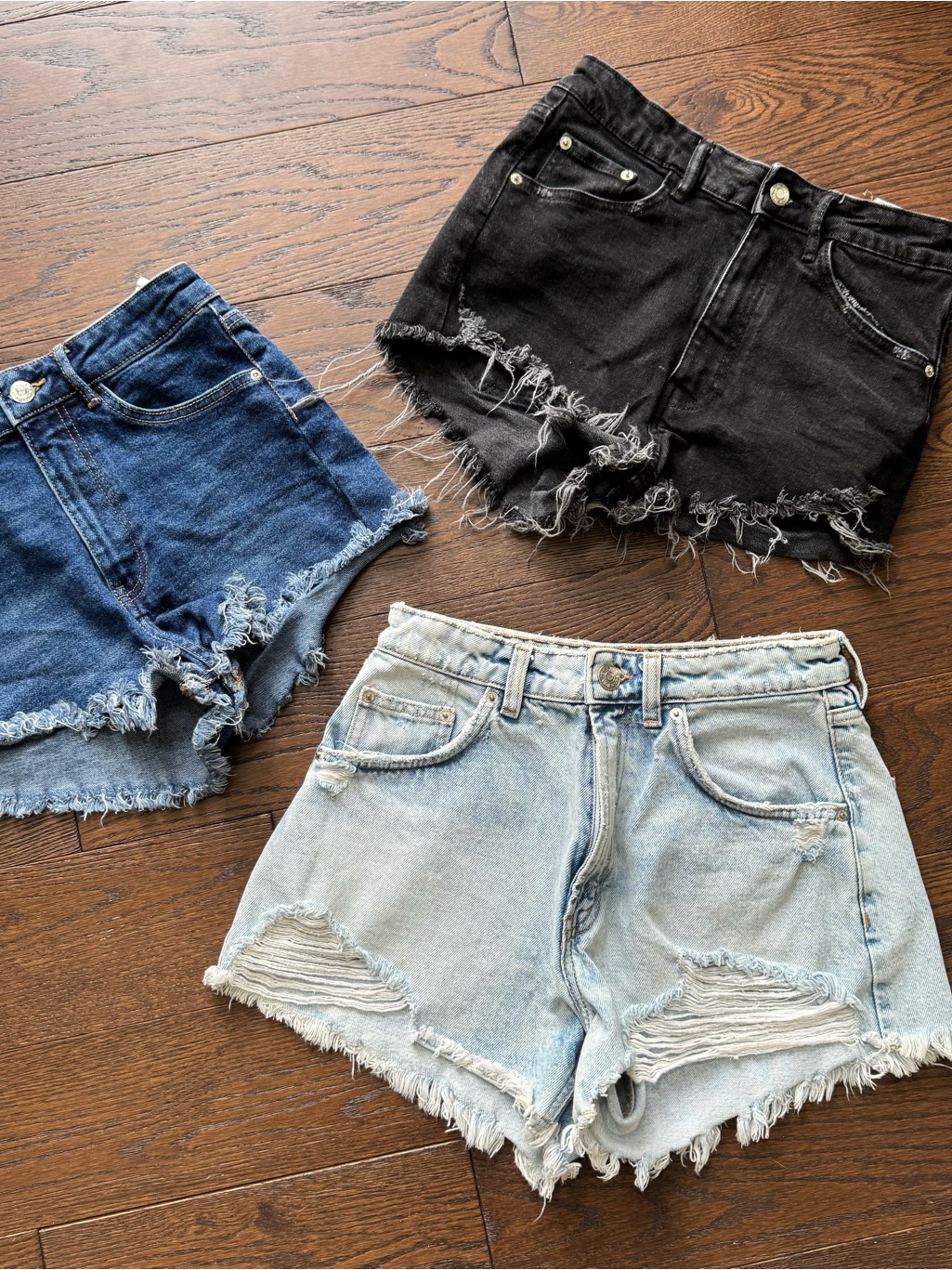 Zara Frayed Denim Shorts Trio - Black, Dark Blue, Light Blue